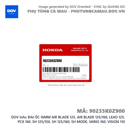 ĐAI ỐC 16MM AIR BLADE 125, AIR BLADE 125/160, LEAD 125, PCX 160, SH 125/150, SH 125/160, SH MODE, VARIO 160, VISION 110 — 90235K0Z900