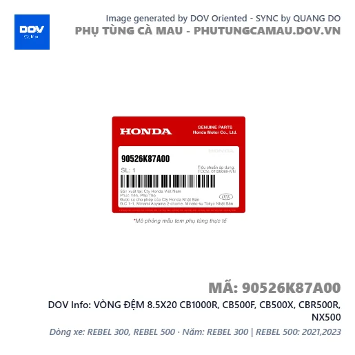 VÒNG ĐỆM 8.5X20 CB1000R, CB500F, CB500X, CBR500R, NX500 — 90526K87A00