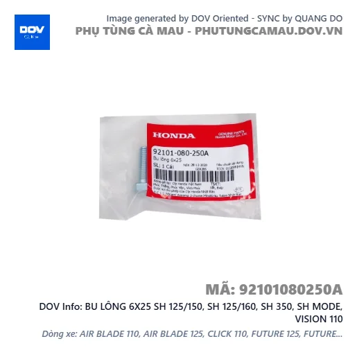 BU LÔNG 6X25 SH 125/150, SH 125/160, SH 350, SH MODE, VISION 110 — 92101080250A