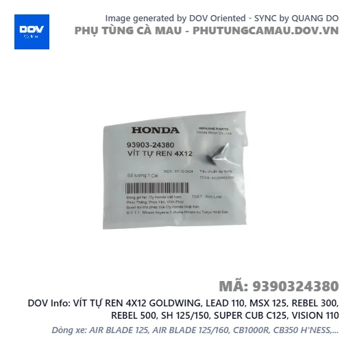 VÍT TỰ REN 4X12 GOLDWING, LEAD 110, MSX 125, REBEL 300, REBEL 500, SH 125/150, SUPER CUB C125, VISION 110 — 9390324380
