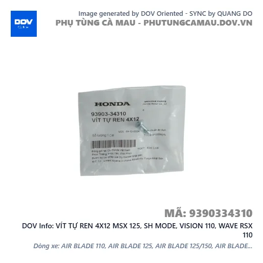 VÍT TỰ REN 4X12 MSX 125, SH MODE, VISION 110, WAVE RSX 110 — 9390334310
