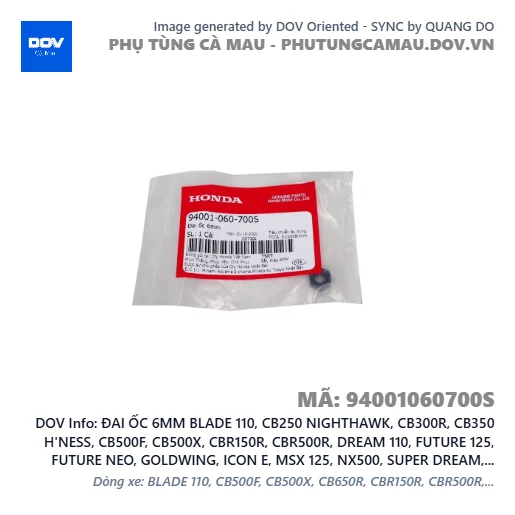 ĐAI ỐC 6MM BLADE 110, CB250 NIGHTHAWK, CB300R, CB350 H'NESS, CB500F, CB500X, CBR150R, CBR500R, DREAM 110, FUTURE 125, FUTURE NEO, GOLDWING, ICON E, MSX 125, NX500, SUPER DREAM, WAVE 100, WAVE ALPHA, WAVE ALPHA 110, WAVE RSX 110, WINNER 150, WINNER R, WINNER X — 94001060700S