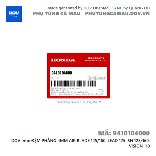 ĐỆM PHẲNG 4MM AIR BLADE 125/160, LEAD 125, SH 125/160, VISION 110 — 9410104000