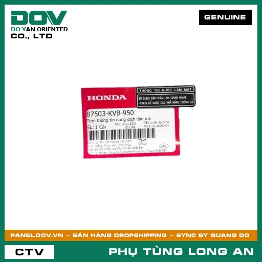 TEM THÔNG TIN DUNG DỊCH LÀM MÁ HONDA AIR BLADE 110, CLICK 110, LEAD 110, SH 125/150 — 87503KVB950