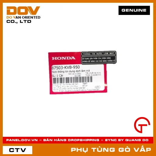 TEM THÔNG TIN DUNG DỊCH LÀM MÁ MÃ PHỤ TÙNG 87503KVB950 — 87503KVB950