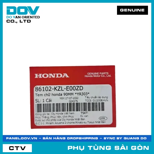 TEM CHỮ HONDA 90MM *YR303* | HONDA PARTS CODE 86102KZLE00ZD — 86102KZLE00ZD
