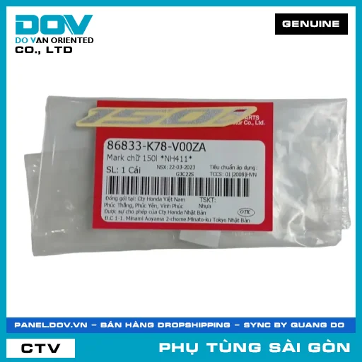 MARK CHỮ 150L *NH411* | HONDA PARTS CODE 86833K78V00ZA — 86833K78V00ZA