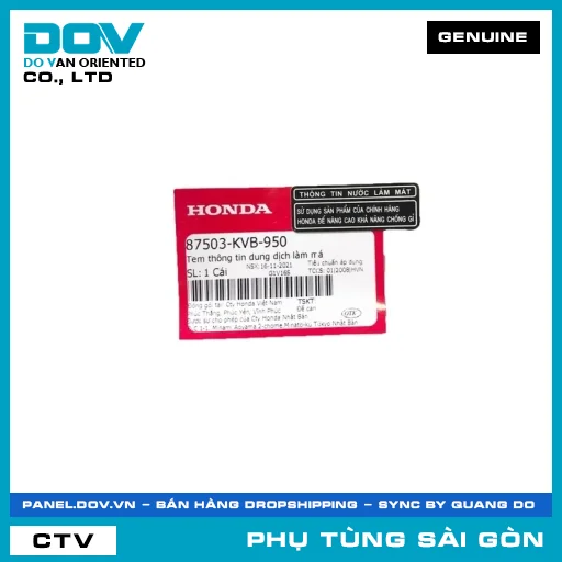 TEM THÔNG TIN DUNG DỊCH LÀM MÁ | HONDA PARTS CODE 87503KVB950 — 87503KVB950