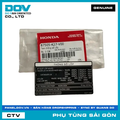 TEM THÔNG SỐ LỐP | HONDA PARTS CODE 87505K27V00 — 87505K27V00