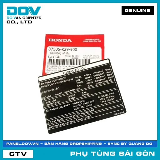 TEM THÔNG SỐ LỐP | HONDA PARTS CODE 87505K29900 — 87505K29900