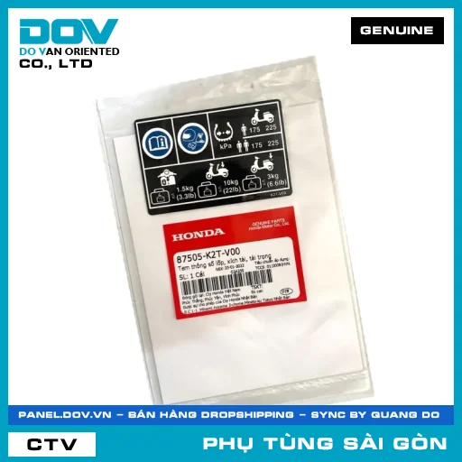 TEM THÔNG SỐ LỐP, XÍCH TẢI, TẢI TRỌNG | HONDA PARTS CODE 87505K2TV00 — 87505K2TV00