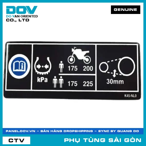 TEM THÔNG SỐ LỐP VÀ XÍCH TẢI | HONDA PARTS CODE 87505K45NL0 — 87505K45NL0