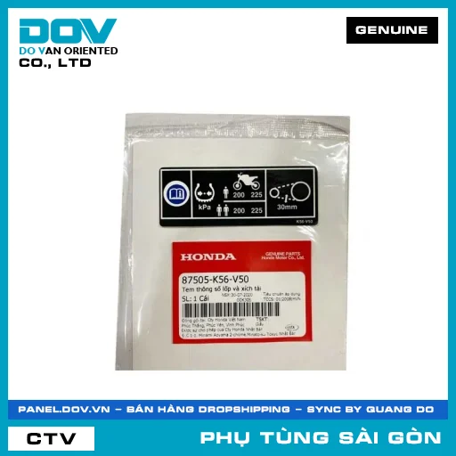 TEM THÔNG SỐ LỐP VÀ XÍCH TẢI | HONDA PARTS CODE 87505K56V50 — 87505K56V50