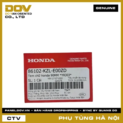 MÃ PHỤ TÙNG : 86102KZLE00ZD TEM CHỮ HONDA 90MM *YR303* — 86102KZLE00ZD