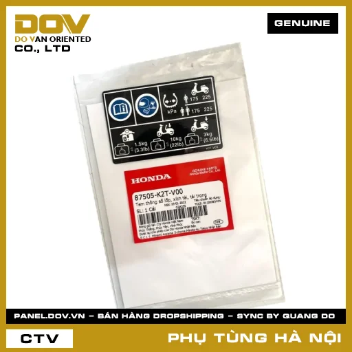 MÃ PHỤ TÙNG : 87505K2TV00 TEM THÔNG SỐ LỐP, XÍCH TẢI, TẢI TRỌNG — 87505K2TV00
