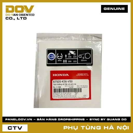 MÃ PHỤ TÙNG : 87505K56V50 TEM THÔNG SỐ LỐP VÀ XÍCH TẢI — 87505K56V50