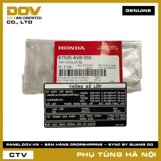 MÃ PHỤ TÙNG : 87505KVB950 TEM THÔNG SỐ LỐP — 87505KVB950
