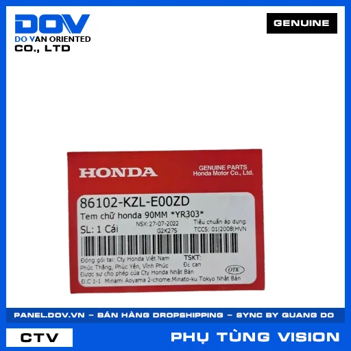 TEM CHỮ HONDA 90MM *YR303* VISION 110 — 86102KZLE00ZD