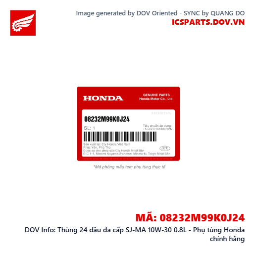 Thùng 24 dầu đa cấp SJ-MA 10W-30 0.8L - Phụ tùng Honda chính hãng