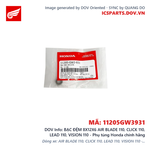 BẠC ĐỆM 8X12X6 AIR BLADE 110, CLICK 110, LEAD 110, VISION 110 - Phụ tùng Honda chính hãng