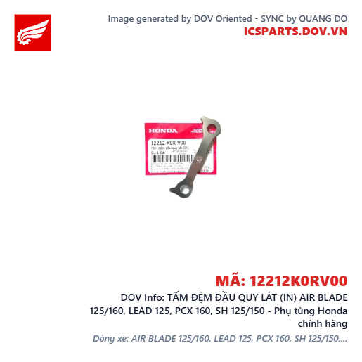 TẤM ĐỆM ĐẦU QUY LÁT (IN) AIR BLADE 125/160, LEAD 125, PCX 160, SH 125/150 - Phụ tùng Honda chính hãng