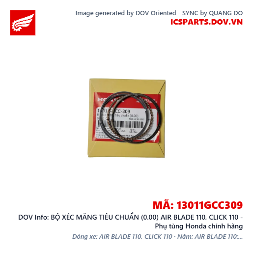 BỘ XÉC MĂNG TIÊU CHUẨN (0.00) AIR BLADE 110, CLICK 110 - Phụ tùng Honda chính hãng