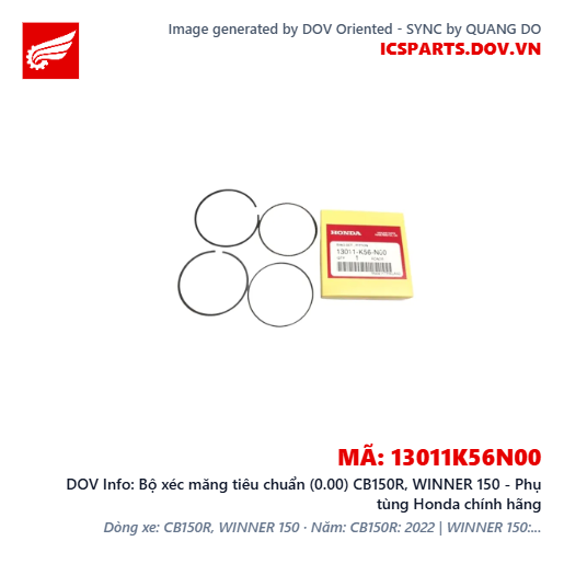 Bộ xéc măng tiêu chuẩn (0.00) CB150R, WINNER 150 - Phụ tùng Honda chính hãng