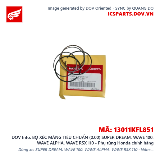 BỘ XÉC MĂNG TIÊU CHUẨN (0.00) SUPER DREAM, WAVE 100, WAVE ALPHA, WAVE RSX 110 - Phụ tùng Honda chính hãng