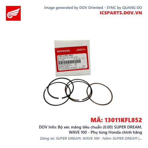 Bộ xéc măng tiêu chuẩn (0.00) SUPER DREAM, WAVE 100 - Phụ tùng Honda chính hãng