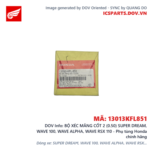 BỘ XÉC MĂNG CỐT 2 (0.50) SUPER DREAM, WAVE 100, WAVE ALPHA, WAVE RSX 110 - Phụ tùng Honda chính hãng