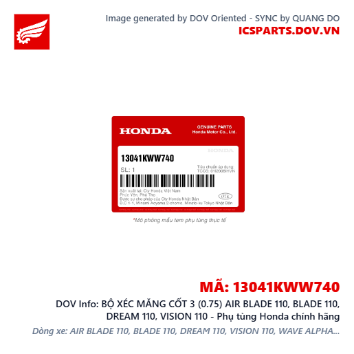 BỘ XÉC MĂNG CỐT 3 (0.75) AIR BLADE 110, BLADE 110, DREAM 110, VISION 110 - Phụ tùng Honda chính hãng