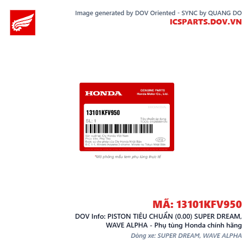 PISTON TIÊU CHUẨN (0.00) SUPER DREAM, WAVE ALPHA - Phụ tùng Honda chính hãng