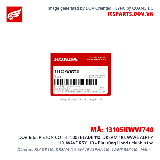 PISTON CỐT 4 (1.00) BLADE 110, DREAM 110, WAVE ALPHA 110, WAVE RSX 110 - Phụ tùng Honda chính hãng