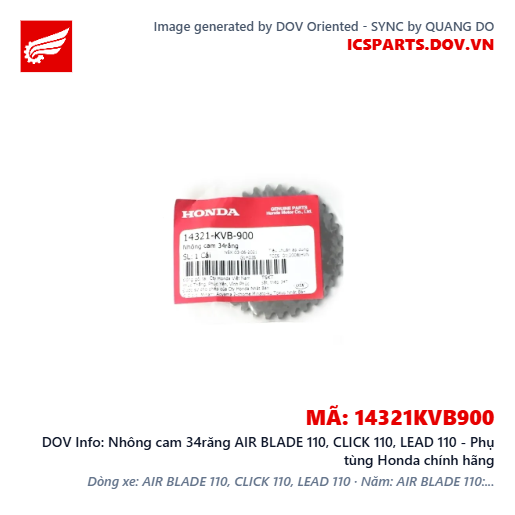 Nhông cam 34răng AIR BLADE 110, CLICK 110, LEAD 110 - Phụ tùng Honda chính hãng