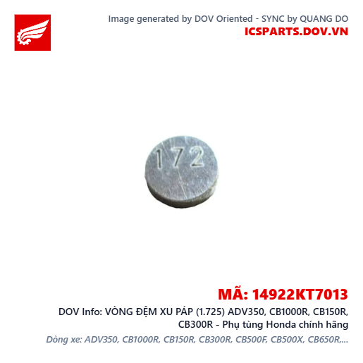 VÒNG ĐỆM XU PÁP (1.725) ADV350, CB1000R, CB150R, CB300R - Phụ tùng Honda chính hãng