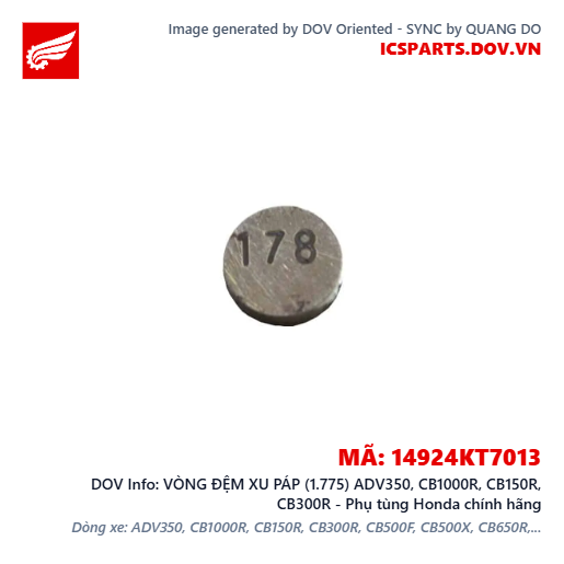 VÒNG ĐỆM XU PÁP (1.775) ADV350, CB1000R, CB150R, CB300R - Phụ tùng Honda chính hãng