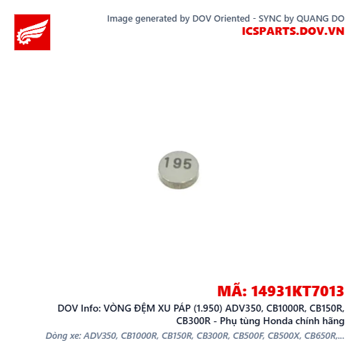 VÒNG ĐỆM XU PÁP (1.950) ADV350, CB1000R, CB150R, CB300R - Phụ tùng Honda chính hãng