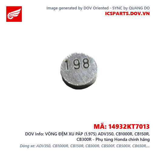 VÒNG ĐỆM XU PÁP (1.975) ADV350, CB1000R, CB150R, CB300R - Phụ tùng Honda chính hãng