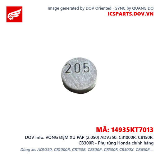 VÒNG ĐỆM XU PÁP (2.050) ADV350, CB1000R, CB150R, CB300R - Phụ tùng Honda chính hãng