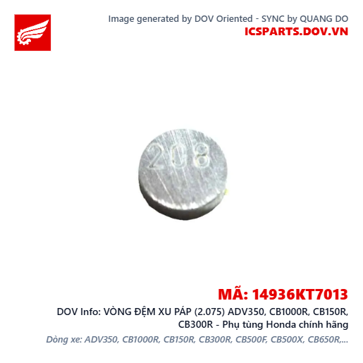 VÒNG ĐỆM XU PÁP (2.075) ADV350, CB1000R, CB150R, CB300R - Phụ tùng Honda chính hãng
