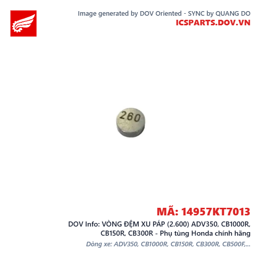 VÒNG ĐỆM XU PÁP (2.600) ADV350, CB1000R, CB150R, CB300R - Phụ tùng Honda chính hãng