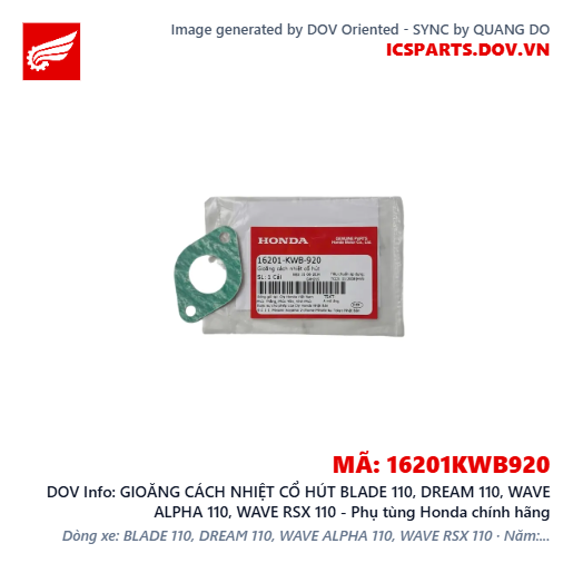 GIOĂNG CÁCH NHIỆT CỔ HÚT BLADE 110, DREAM 110, WAVE ALPHA 110, WAVE RSX 110 - Phụ tùng Honda chính hãng