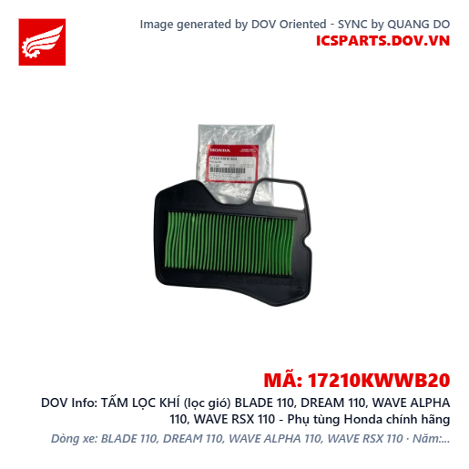 TẤM LỌC KHÍ (lọc gió) BLADE 110, DREAM 110, WAVE ALPHA 110, WAVE RSX 110 - Phụ tùng Honda chính hãng