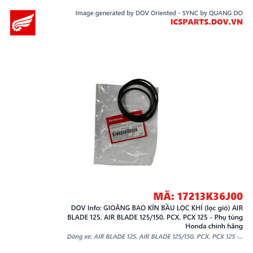 GIOĂNG BAO KÍN BẦU LỌC KHÍ (lọc gió) AIR BLADE 125, AIR BLADE 125/150, PCX, PCX 125 - Phụ tùng Honda chính hãng