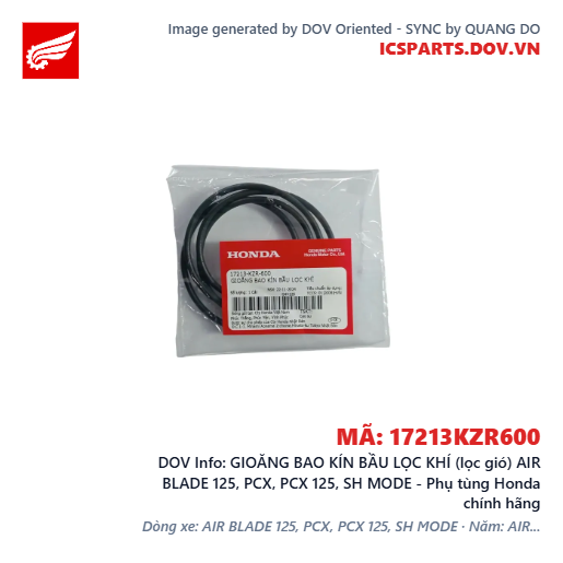 GIOĂNG BAO KÍN BẦU LỌC KHÍ (lọc gió) AIR BLADE 125, PCX, PCX 125, SH MODE - Phụ tùng Honda chính hãng