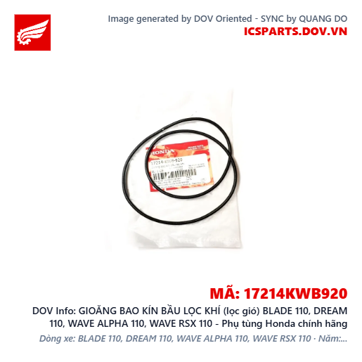 GIOĂNG BAO KÍN BẦU LỌC KHÍ (lọc gió) BLADE 110, DREAM 110, WAVE ALPHA 110, WAVE RSX 110 - Phụ tùng Honda chính hãng