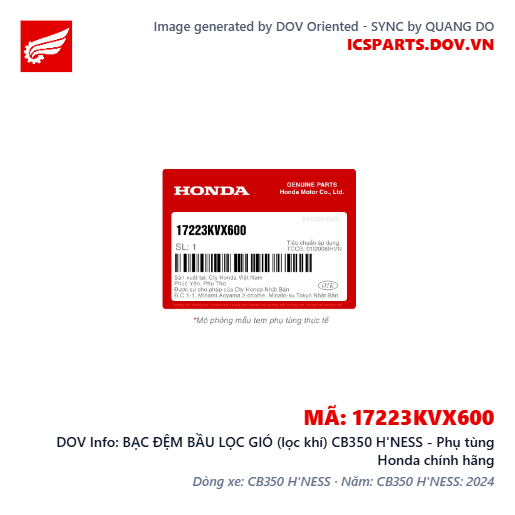 BẠC ĐỆM BẦU LỌC GIÓ (lọc khí) CB350 H'NESS - Phụ tùng Honda chính hãng