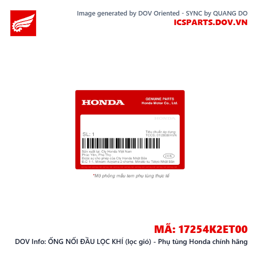ỐNG NỐI ĐẦU LỌC KHÍ (lọc gió) - Phụ tùng Honda chính hãng