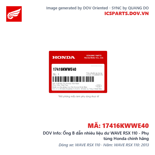 Ống B dẫn nhiêu liệu dư WAVE RSX 110 - Phụ tùng Honda chính hãng