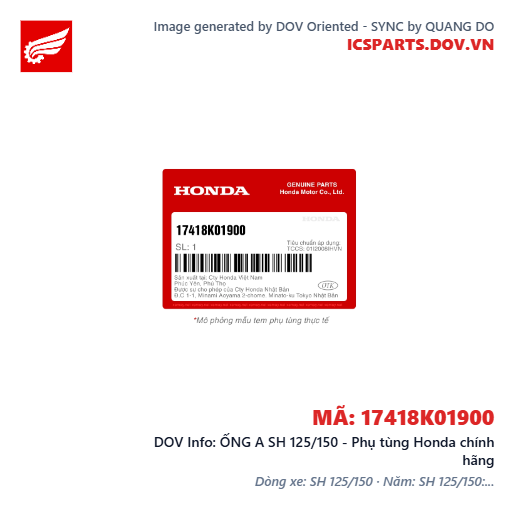 ỐNG A SH 125/150 - Phụ tùng Honda chính hãng